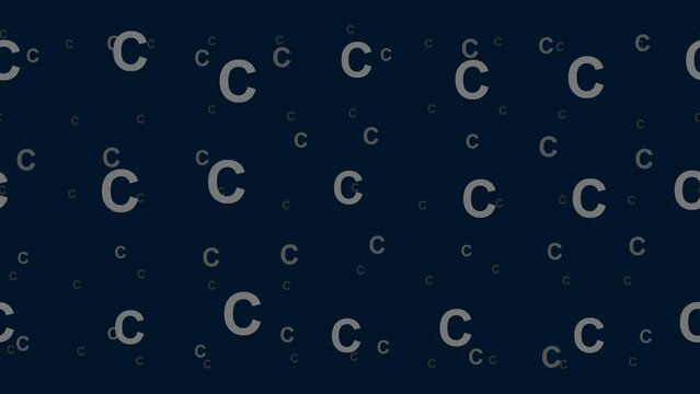 Capital letter C symbols float horizontally from left to right. Parallax fly effect. Floating symbols are located randomly. Seamless looped 4k animation on dark blue background