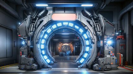 Futuristic Spacecraft Interior with Glowing Blue Portal and Sleek Sci-Fi Architecture