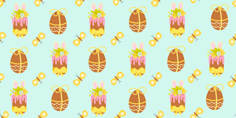 Cute hand drawn Easter seamless pattern with cakes, flowers, Easter eggs, beautiful background, great for Easter Cards, banner, textiles, wallpapers - vector design