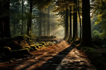 Sunlight filters through trees onto woodland path, casting dappled shadows
