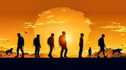 Silhouette of Diverse Group and Dogs Walking at Sunset, Symbolizing Teamwork and Evolution