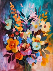 A painting depicting colorful flowers in a vase placed on a table.