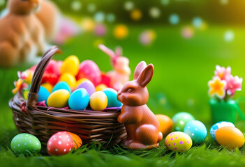 Fototapeta na wymiar Easter egg hunting background. Various candy and chocolate Easter eggs, bunny