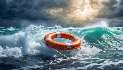 Lifebuoy floating in a stormy sea. Blue ocean water. World Rescue day concept. - obrazy, fototapety, plakaty