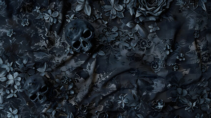 An artful image of a dark floral wallpaper with a subtle appearance of skulls amidst the foliage