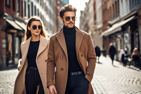 Stylish caucasian white young couple in beige and brown coat, sunglasses, black cashmere badlon and trousers, walk together on city street. Concept of quiet luxury, minimal look aesthetic, elegance - Powered by Adobe