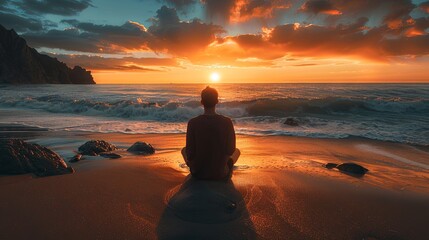 An individual in contemplation sits on a sandy beach, watching the sunset over the ocean for a peaceful evening. - obrazy, fototapety, plakaty