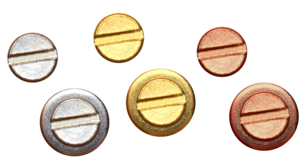 Metal gold and copper flat head finished screws on isolated transparent background