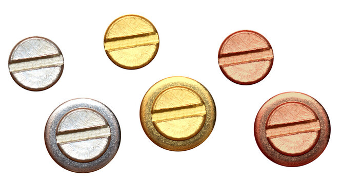 Metal gold and copper flat head finished screws on isolated transparent background