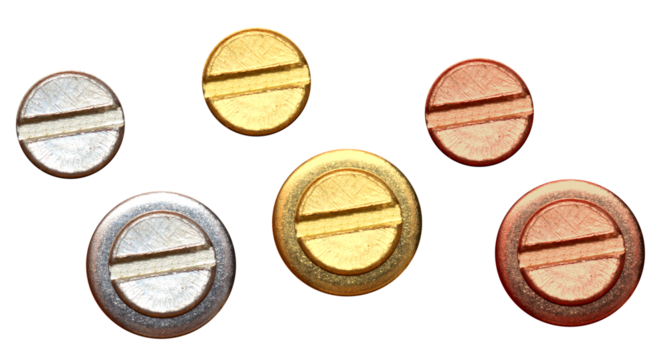 Metal gold and copper flat head finished screws on isolated transparent background