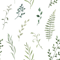 Watercolor seamless pattern with herbal branches . Hand drawn illustration on white background - 757501539