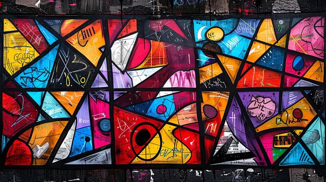 Vibrant abstract stained glass window infused with graffiti-style elements, showcasing a fusion of street art and traditional craftsmanship.