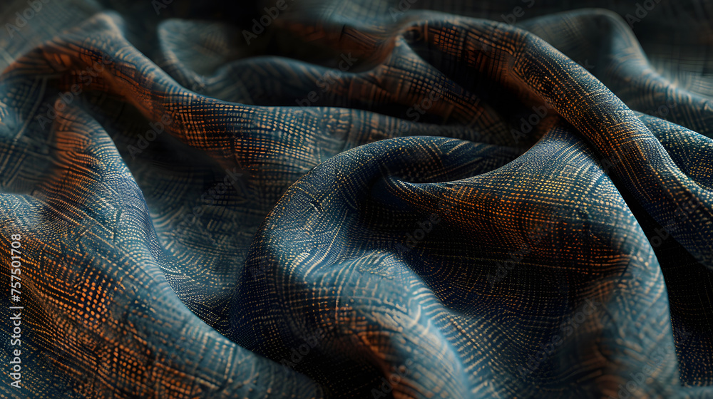 Poster This image showcases a closeup of a textured blue fabric with an intricate digital geometric pattern