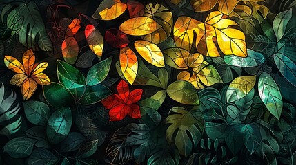 Stained glass artwork bursting with vibrant butterflies amid lush green foliage, exuding a lively, natural essence.
