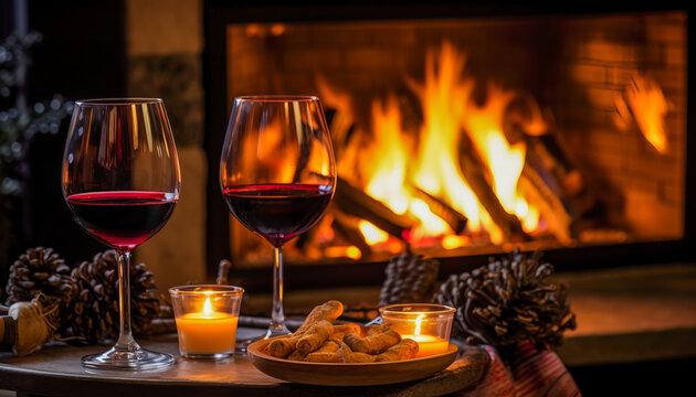 A couple is enjoying a cozy evening by the fireplace