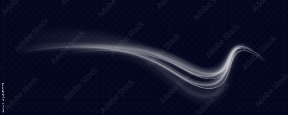 Poster wavy glowing white line of speed. magic light trail of glittering comet tail. luminous neon shape wa
