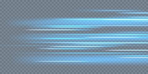 Horizontal light rays, flash blue horizontal lens flares pack, speed laser beams, glow blue line motion on transparent background, beautiful light flare, bright glare, vector illustration, eps 10
