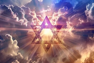 A photo of the Star of David in front of beautiful clouds with rays coming out from behind it. The background is a blue, purple and orange sky Generative AI - obrazy, fototapety, plakaty