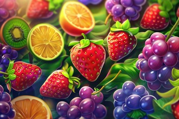 Abundance of colorful, vibrant fruits - A feast for the eyes with a variety of luscious, brightly hued fruits packed together forming an enticing pattern