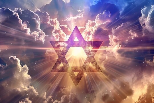 A photo of the Star of David in front of beautiful clouds with rays coming out from behind it. The background is a blue, purple and orange sky Generative AI
