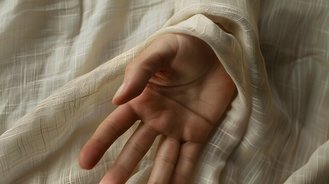 An evocative image featuring an open, empty palm resting beneath a textured, translucent fabric