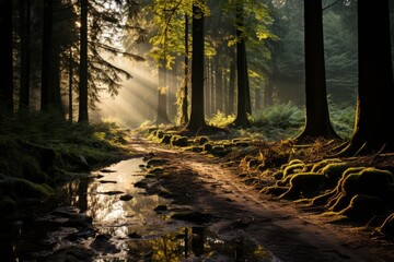 Sunlight filters through forest trees, creating a natural landscape