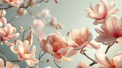 Elegant magnolia flowers on serene backdrop - Soft and elegant magnolia flowers delicately presented against a minimalist, pastel-colored background for a tranquil vibe
