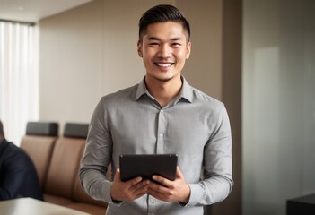 A casual businessman in a home setting confidently handles a digital tablet. His ease and smart attire indicate a flexible work-from-home scenario.