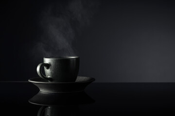 Black cup of coffee on a black reflective background.