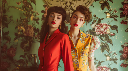 
Two fashion models, adorned in striking vintage attire against a backdrop of retro wallpaper, exude a chic and nostalgic elegance. 