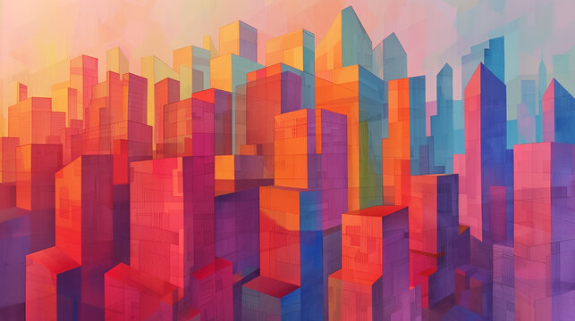  a vibrant, geometric cityscape with a spectrum of colors, blending modern architectural forms into an abstract, digital artwork.