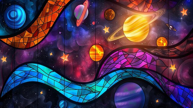 An imaginative portrayal of the cosmos in stained glass art style, featuring vibrant planets and twinkling stars.