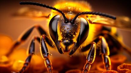 Micro Photography A compelling close-up of a bee, under the soft glow of the golden hour сreated with Generative Ai