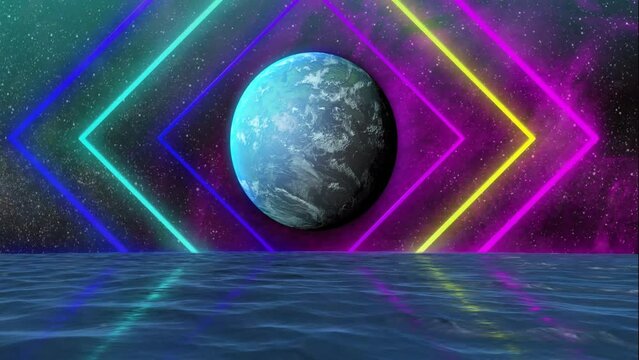 Animation of colourful shapes over planet and water on sky with stars