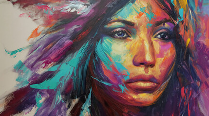  beautiful native american woman with long hair, colorful oil painting