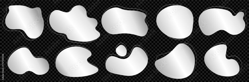 Aufkleber Silver abstract organic blob. Vector design element. Irregular forms icons, Rounded fluid pack. Metal illustration collection.