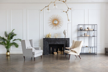 Modern luxury stylish apartment interior in pastel colors. a very bright room with huge windows filled with daylight. white walls, wooden parquet floors and a dark marble fireplace