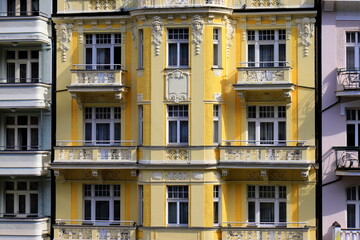 Obraz premium Top view of houses, buildings and architecture of Karlovy Vary, Czech Republic. Karlovy Vary - world famous resort