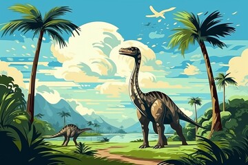 Prehistoric dinosaurs roaming in lush green grassland with stunning blue sky, dinosaur habitat