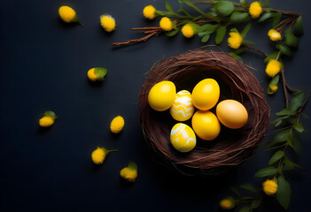 Chicken nests with painted yellow Easter eggs on dark tabletop. Concept creative banner.