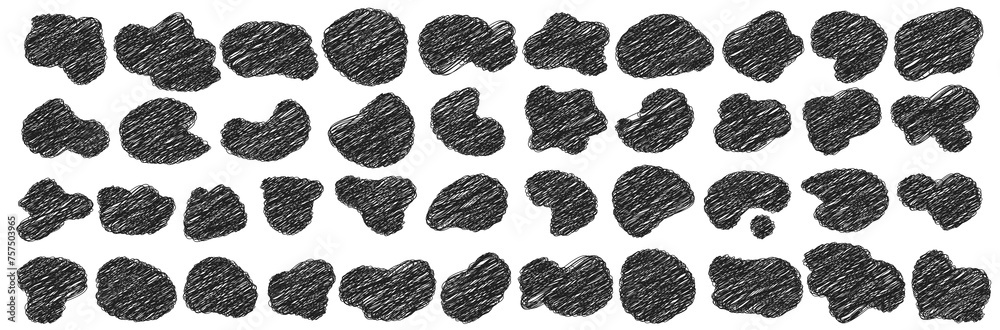 Poster Big pack of scribble vector shapes. Pen paint element. Pencil brush or marker rought scratch organic blob. Vector grungy illustrations kit