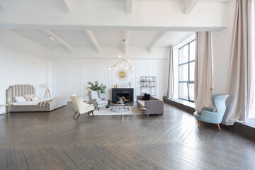 Modern luxury stylish apartment interior in pastel colors. a very bright room with huge windows...