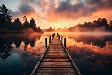 A straight flat simplistic rectangular lake dock, beautiful sunrise, foggy, calm water. Lake with a colourful sky. Nature relax wallpaper, Generative AI