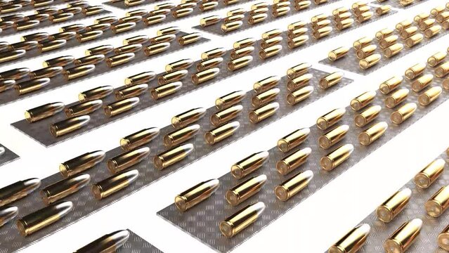 Bullets lie in a row on white back able to loop 