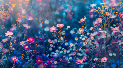 Fototapeta na wymiar An enchanting field of delicate flowers featuring a magical bokeh effect for a dreamy visual experience