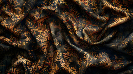 This image displays a dark fabric adorned with a detailed gold ornate floral pattern, exuding an antique luxury feel