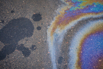 The oil left behind after rain forms spots that refract the sun's spectrum like a rainbow