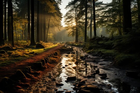 Sunlight filtering through trees, stream flowing in forest landscape