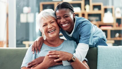 Happy woman, nurse and hug with patient for healthcare, support or trust at retirement home. Portrait of senior and doctor with smile for love or elderly care together on living room sofa at house - Powered by Adobe