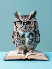 Owl with glasses on standing on open book - A wise looking owl with striking yellow eyes and glasses perched on an open book, symbolizing knowledge and learning